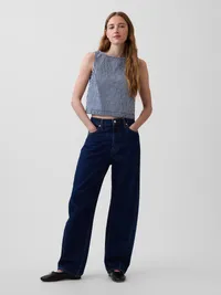 Gingham Denim Crop Shell Tank Top - Navy blue gingham — view 2