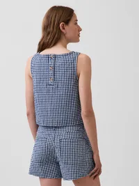 Gingham Denim Crop Shell Tank Top - Navy blue gingham — view 3