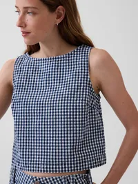 Gingham Denim Crop Shell Tank Top - Navy blue gingham — view 4