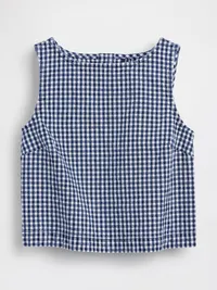 Gingham Denim Crop Shell Tank Top - Navy blue gingham — view 5