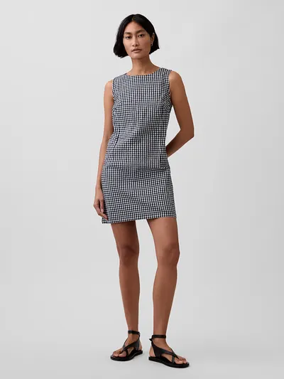 Gingham Denim Shift Mini Dress - Navy blue gingham