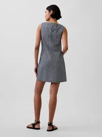 Gingham Denim Shift Mini Dress - Navy blue gingham — view 2