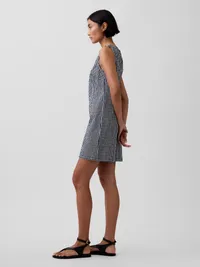 Gingham Denim Shift Mini Dress - Navy blue gingham — view 3