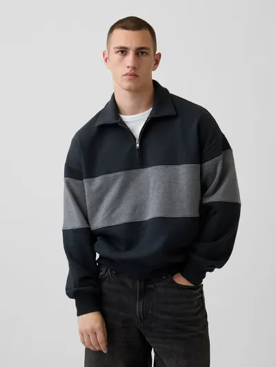 Heavyweight Oversized Stripe Half-Zip Pullover - Black