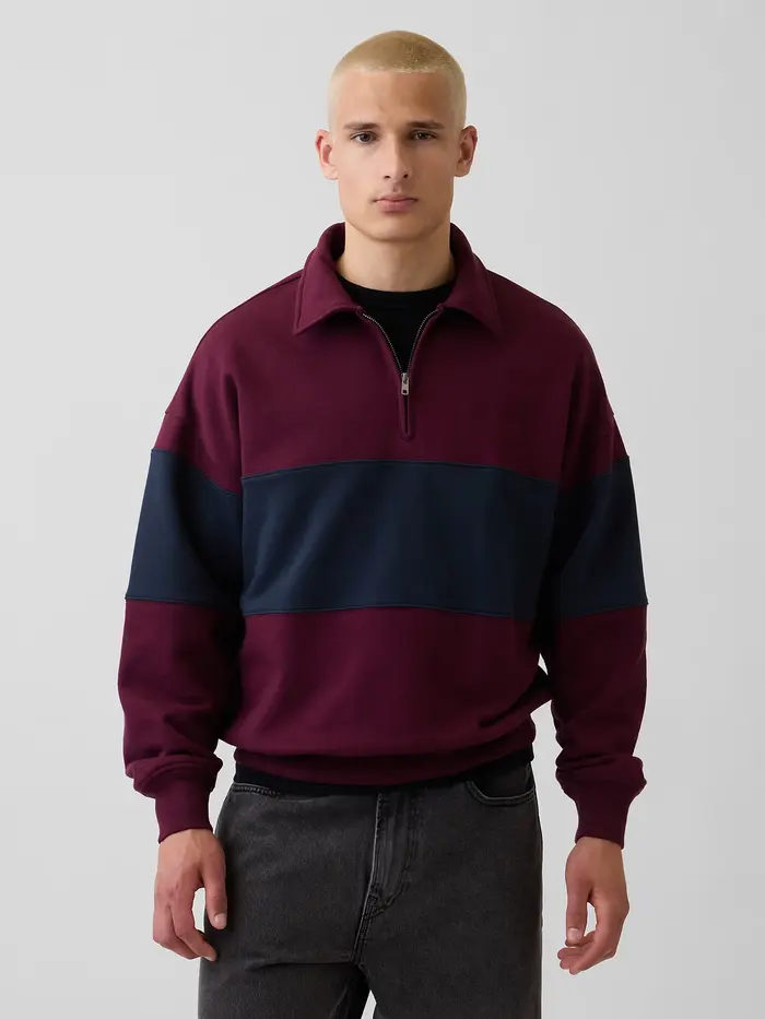 Heavyweight Oversized Stripe Half-Zip Pullover - Tuscan red