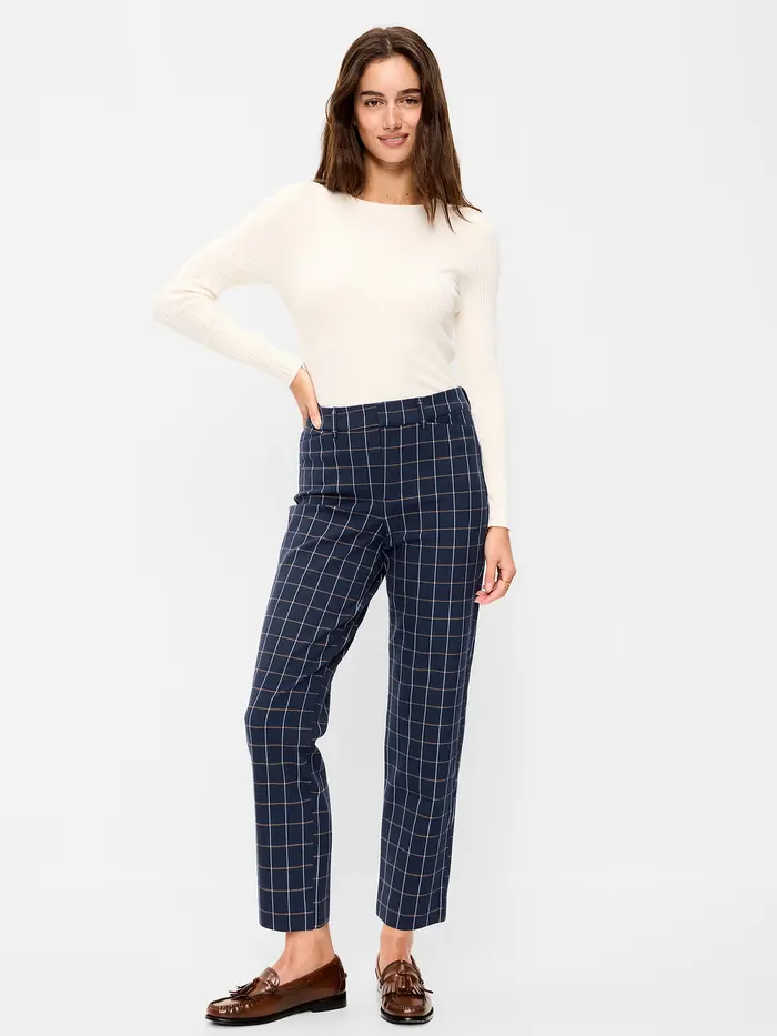 High-Waisted Pixie Straight Pants - Navy Plaid