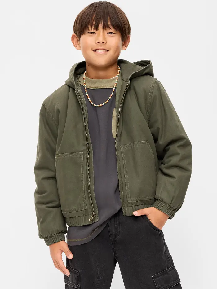 Hooded Canvas Jacket for Boys - Moss Green