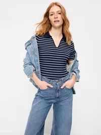 Keyhole Polo Top - White Stripe — view 3