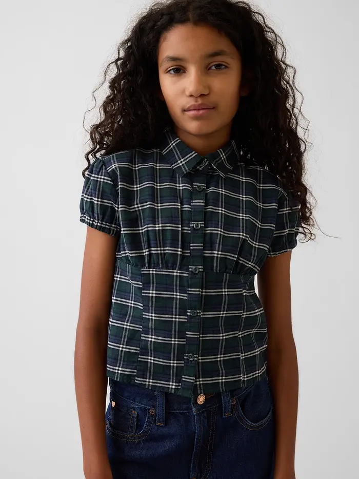 Kids Fitted Button-Front Top - Green blue plaid