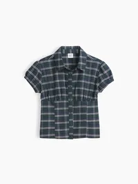 Kids Fitted Button-Front Top - Green blue plaid — view 2