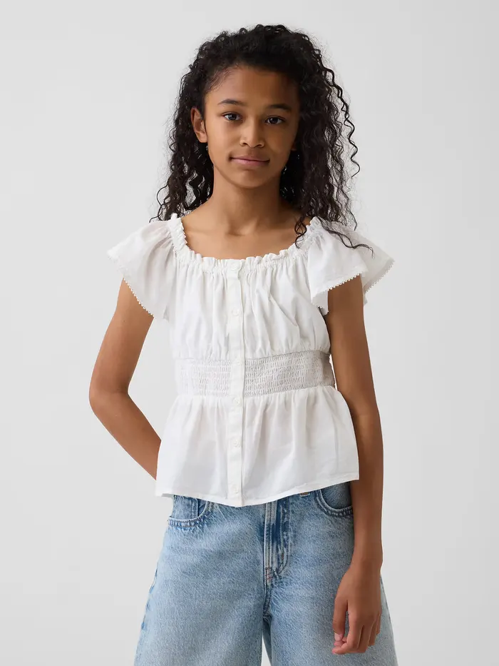 Kids Flutter-Sleeve Button-Front Top - New off white