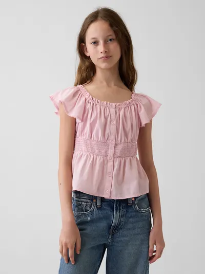 Kids Flutter-Sleeve Button-Front Top - Rose mist