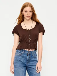 Lace-Trim Button-Down Top - Earthen — view 3