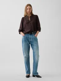 Lace-Trim Button-Front Swing Top - Terra brown — view 2