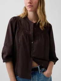 Lace-Trim Button-Front Swing Top - Terra brown — view 4