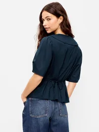 Lapel Collar Short-Sleeve Button-Front Top - In the Navy — view 2