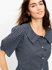 Lapel Collar Short-Sleeve Button-Front Top - Navy Plaid — view 4
