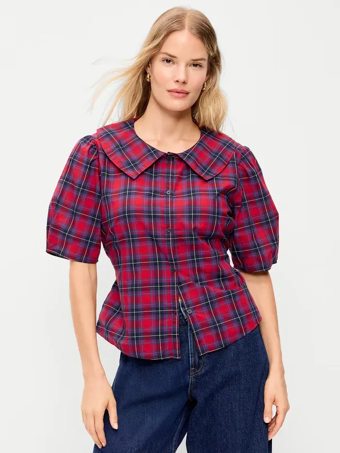 Lapel Collar Short-Sleeve Button-Front Top - Red Plaid