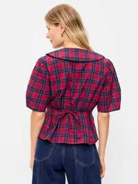 Lapel Collar Short-Sleeve Button-Front Top - Red Plaid — view 2