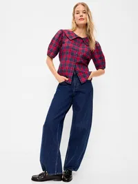 Lapel Collar Short-Sleeve Button-Front Top - Red Plaid — view 3