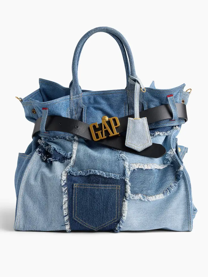 Large Patchwork Denim Five Pocket Tote - Dark wash