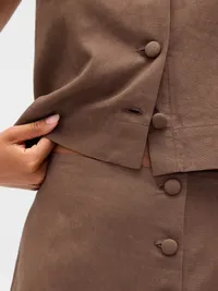 Linen-Blend Button-Front Mini Skort - Amber wood brown — view 4