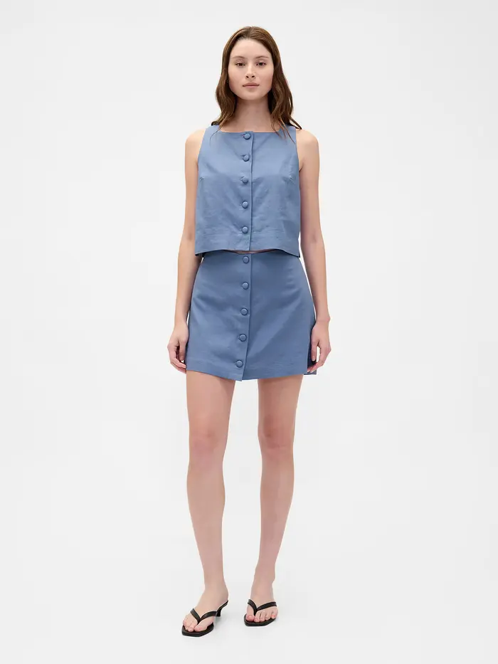 Linen-Blend Button-Front Mini Skort - Bainbridge blue
