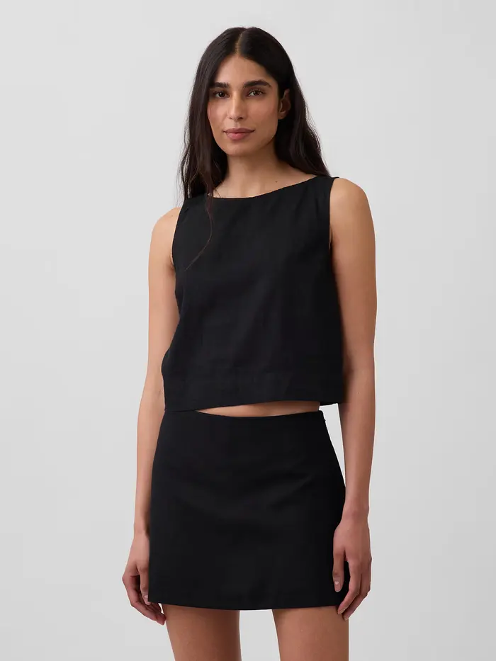 Linen-Blend Crop Shell Tank Top - Black