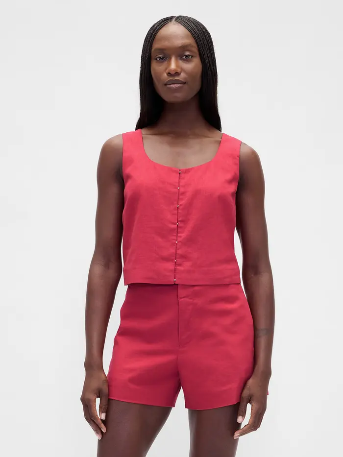 Linen-Blend Hook-Front Crop Shell Top - Washed red