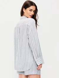 Linen-Blend Loose Button-Down Shirt - Blue Stripe — view 2