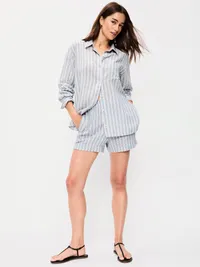 Linen-Blend Loose Button-Down Shirt - Blue Stripe — view 3