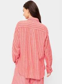 Linen-Blend Loose Button-Down Shirt - Orange Stripe — view 2