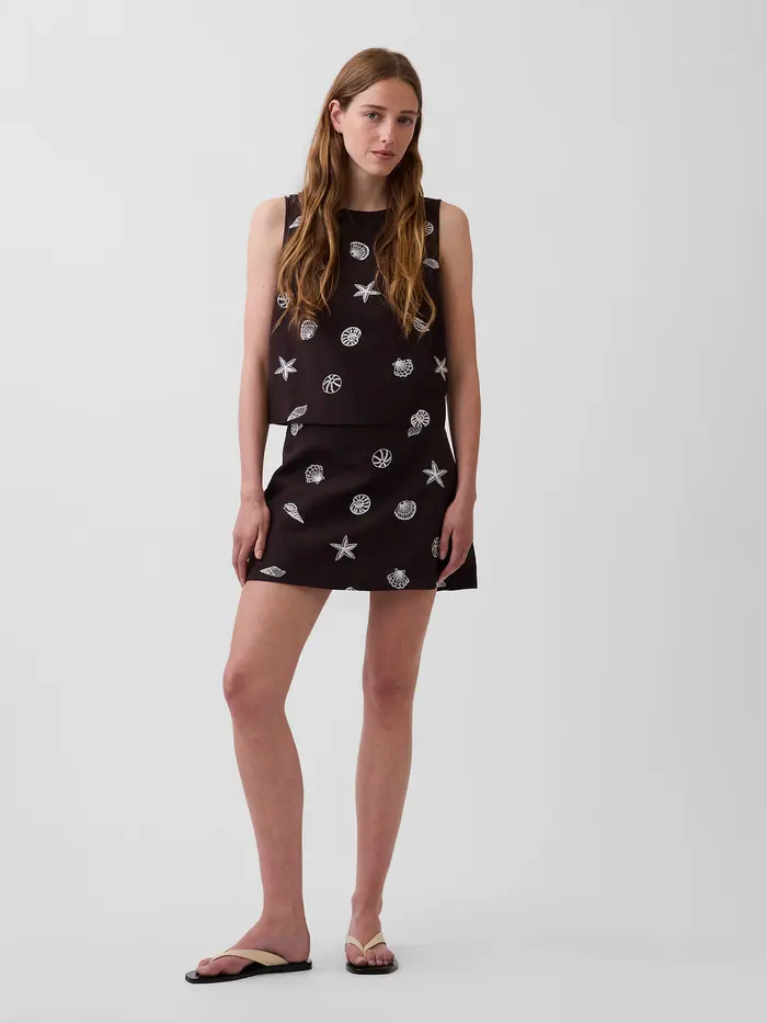 Linen-Blend Mini Skort - Brown shell print