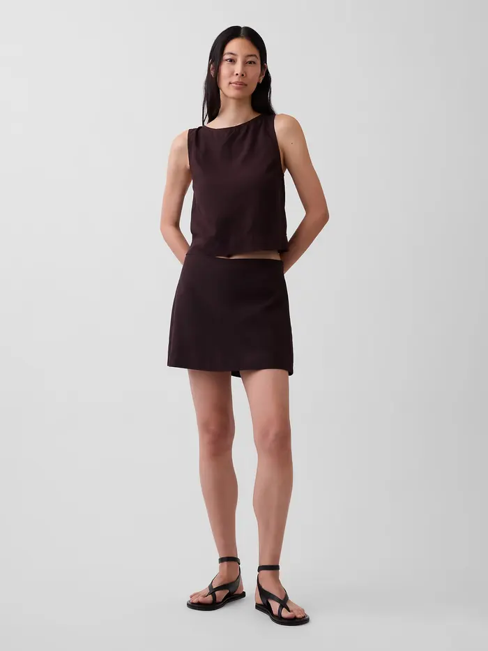 Linen-Blend Mini Skort - Terra brown