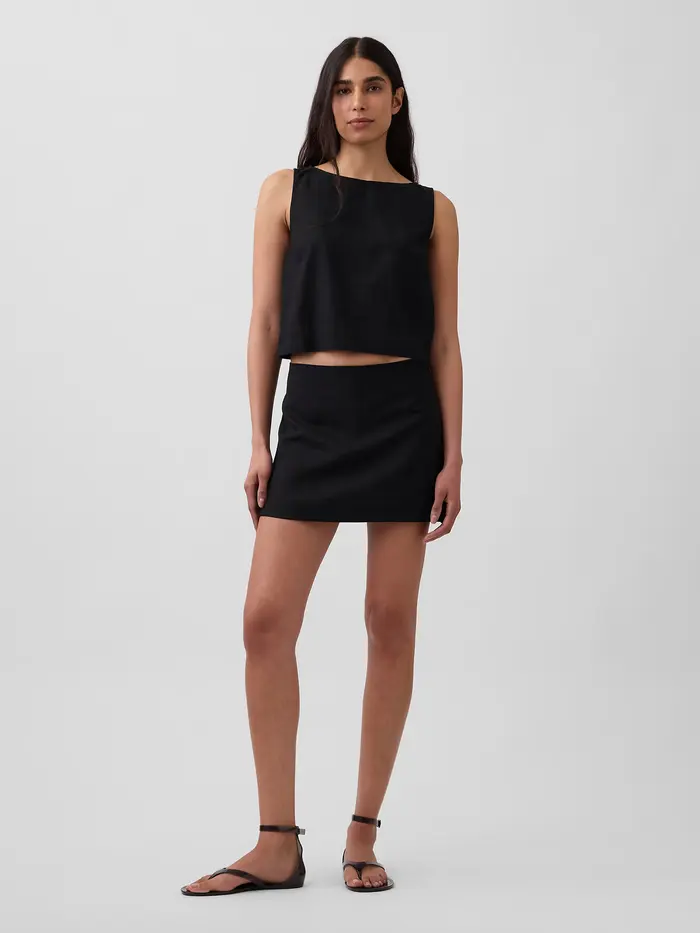 Linen-Blend Mini Skort - True black