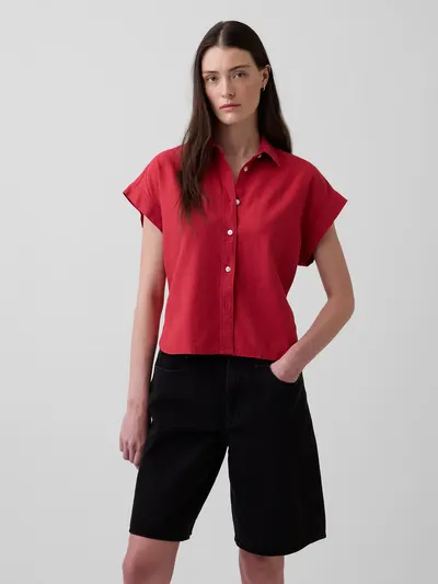 Linen-Blend Oversized Shirt - Chakra red