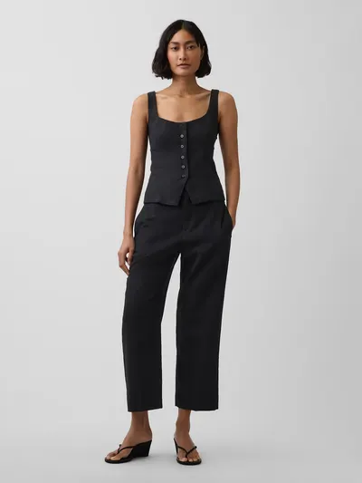 Linen-Blend Relaxed Straight Ankle Pants - Basic black