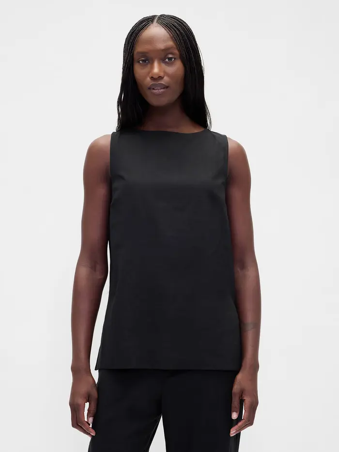 Linen-Blend Shell Tank Top - Black