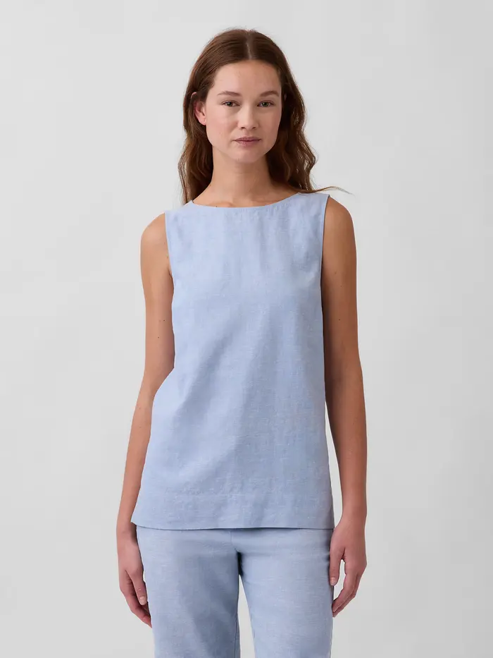 Linen-Blend Shell Tank Top - Blue suede