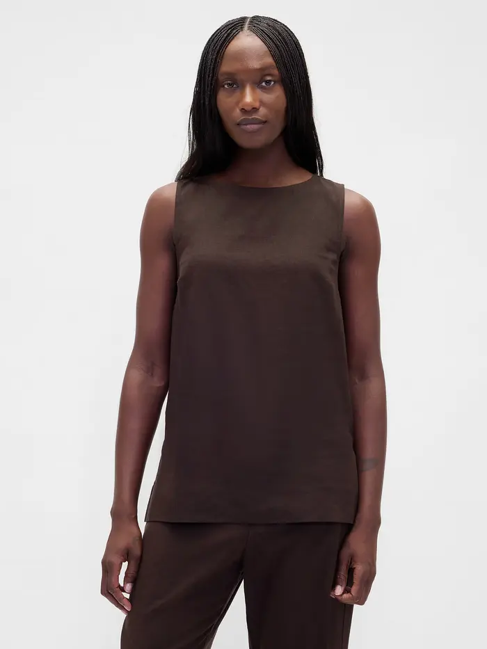 Linen-Blend Shell Tank Top - Terra brown