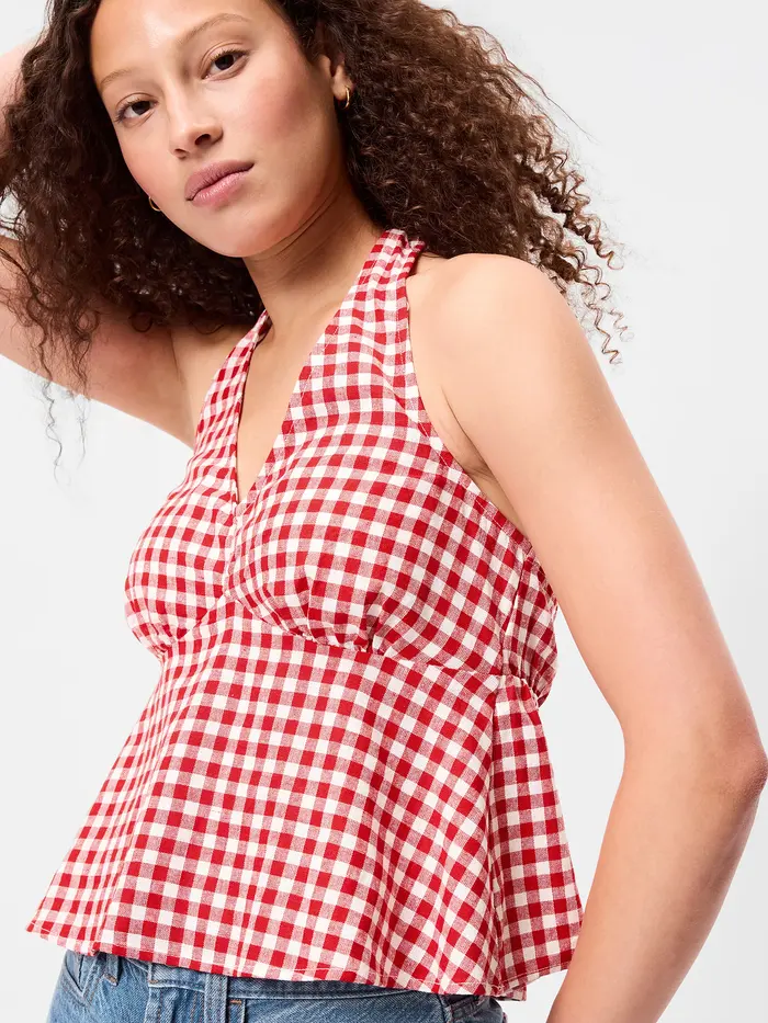 Linen-Blend V-Neck Halter Top - Red Gingham