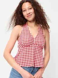 Linen-Blend V-Neck Halter Top - Red Gingham — view 4