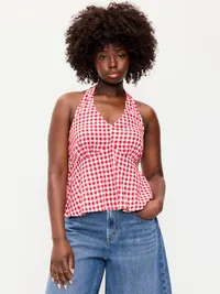 Linen-Blend V-Neck Halter Top - Red Gingham — view 5