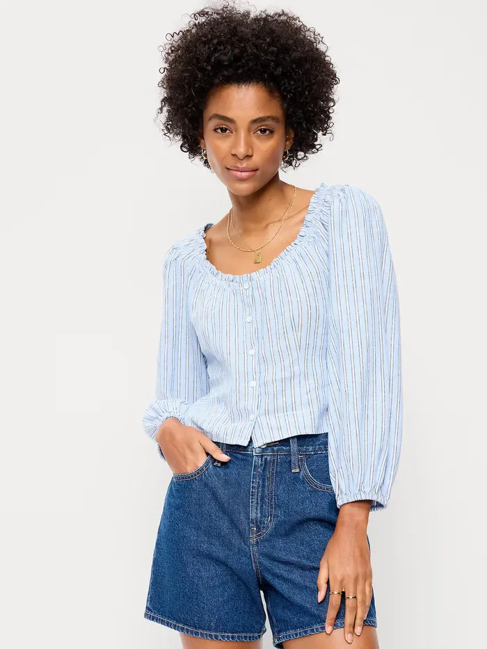 Long-Sleeve Button-Down Top - Blue Stripe