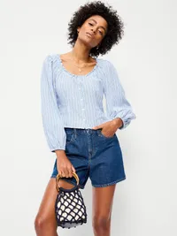Long-Sleeve Button-Down Top - Blue Stripe — view 3