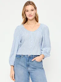 Long-Sleeve Button-Down Top - Blue Stripe — view 5