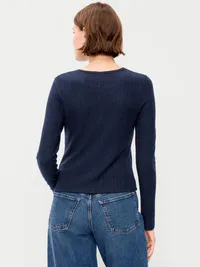 Long-Sleeve Button-Front Cutout Pointelle Top - In the Navy — view 2