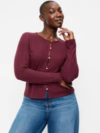 Long-Sleeve Button-Front Cutout Pointelle Top - Red Lacquer — view 5