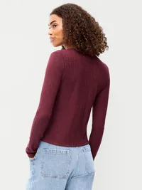 Long-Sleeve Button-Front Cutout Pointelle Top - Red Lacquer — view 2