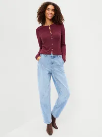 Long-Sleeve Button-Front Cutout Pointelle Top - Red Lacquer — view 3